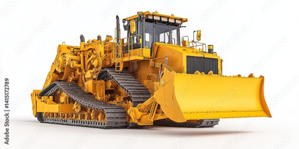 Obraz premium Heavy yellow bulldozer on a white background, showcasing its powerful build and machinery design