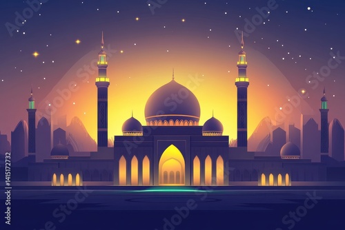 Silhouette of Majestic Mosque at Twilight with Stars in Background