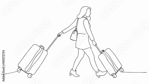 Elegant one line drawing of a woman in side view pulling a single suitcase, ideal for travel journals, female solo travel art, luggage icons, tourism flyers, and wanderlust-themed lifestyle