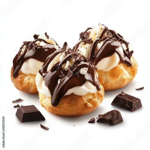 Three pastries with chocolate topping and whipped cream
