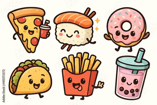 Cartoon foods: pizza, sushi, donut, taco, fries, boba. Bright, fun, and ideal for stickers, decor, web or print use. Generative AI image.