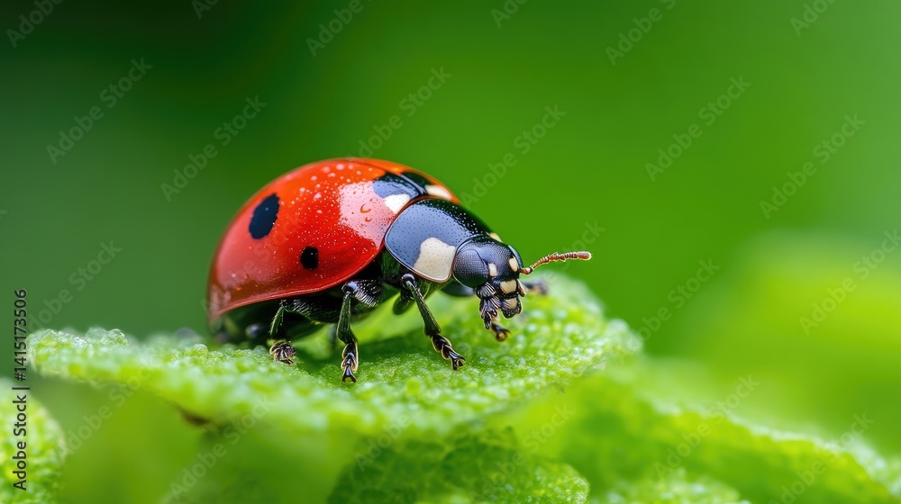Fototapeta premium A ladybug on a vibrant green leaf