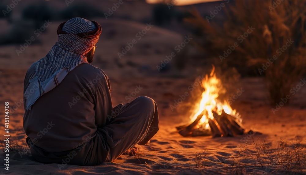 Fototapeta premium Arab Young Man Enjoying Bonfire In The Desert: Exploring Arabic Camping In Middle Eastern Tourism