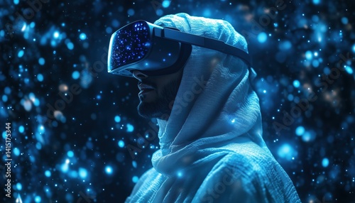 Arab Man Engages With Virtual Reality Using Digital Screen, Connection, And Interfaces In Modern Vr Goggles Headset. A Unique Experience.