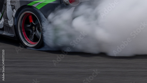 Obraz na płótnie Car drifting on asphalt race track with lots of smoke from burning tires, Professional driver drift car on asphalt race track, Car motion blurred, Motorsport car drift. w salonie