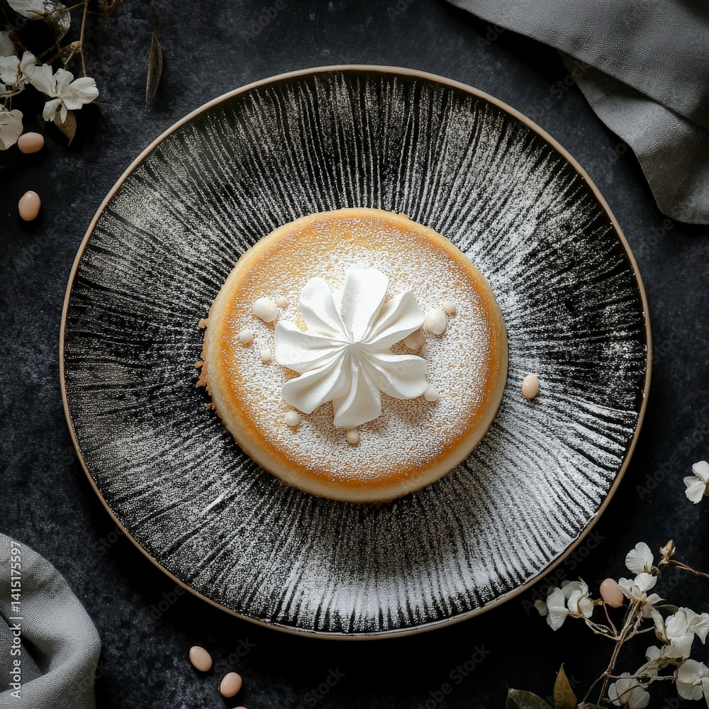 Top view of Vanilla sponge cake in ceramic leaf design plate on a black elegant background beans --v 6.1 Job ID: 9121b66b-9693-4c1e-97be-119d29a2adf1 Top view of Vanilla sponge cake in ceramic leaf design plate on a black elegant background beans --v 6.1 Job ID: 9121b66b-9693-4c1e-97be-119d29a2adf1