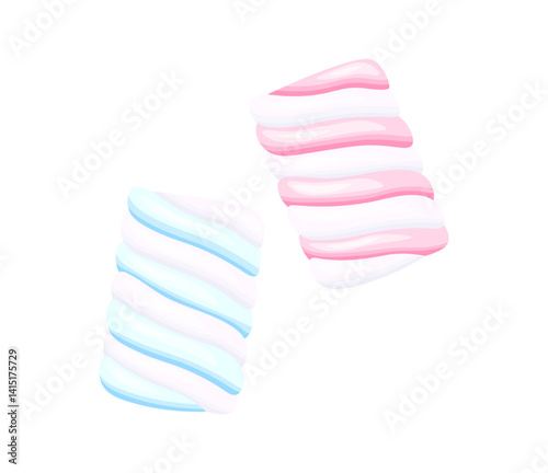 Soft chewy marshmallows in cartoon style. Vector illustration of fluffy marshmallows in blue, pink colors, isolated on white background. Marshmallows for desserts, hot drinks. Confectionery.
