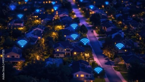 High-Speed Wifi And 5g Data Network Connectivity In Usa Suburb: Aerial View Of American Neighborhood With Houses And Graphic.