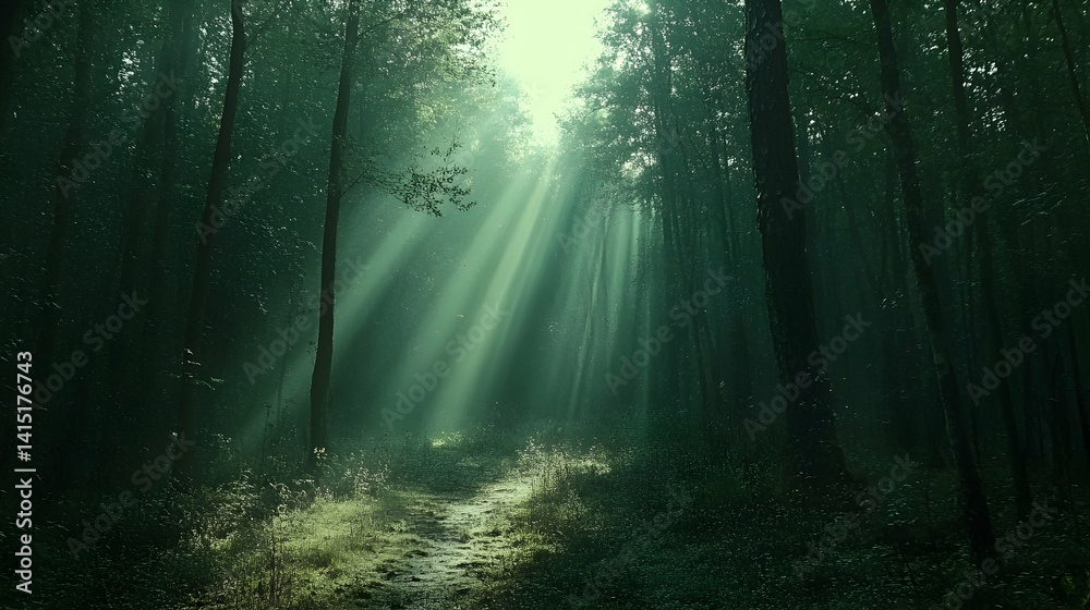 Obraz premium Light filters through a dense forest illuminating a path covered with vegetation in a mysterious and enchanting green a
