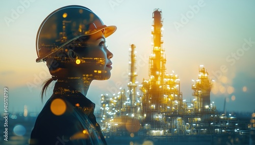 Engineer'S Double Exposure: Helmet Safety With Blurred Oil Refinery Plant In Background. Recruitment For Energy Industrial In Oil And Gas Business.