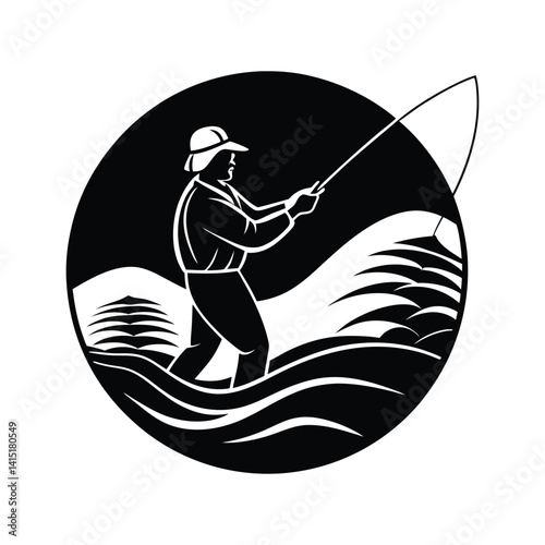 a person fly fishing in a river on white background