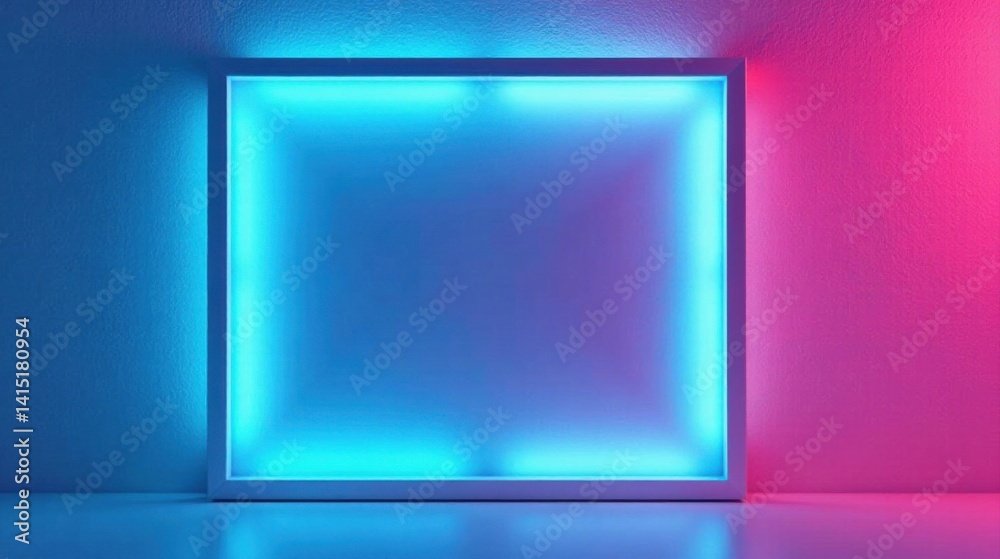 A vibrant, illuminated rectangular frame with cyan and magenta lighting against a contrasting wall A vibrant, illuminated rectangular frame with cyan and magenta lighting against a contrasting wall