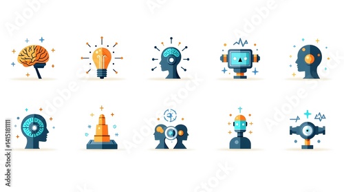 Colorful flat-style illustrations of modern vector AI and robotics icons