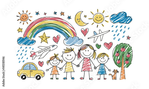  Colorful modern  vector illustration in a childlike crayon drawing style,, easily editable.