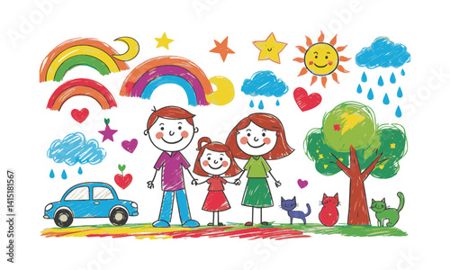  Colorful modern  vector illustration in a childlike crayon drawing style,, easily editable.