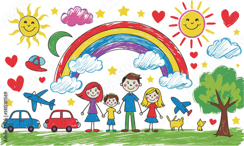  Colorful modern  vector illustration in a childlike crayon drawing style,, easily editable.