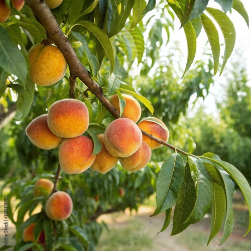 Fototapeta Naklejka Na Ścianę i Meble -  Sweet peach fruits growing from a tree branch.