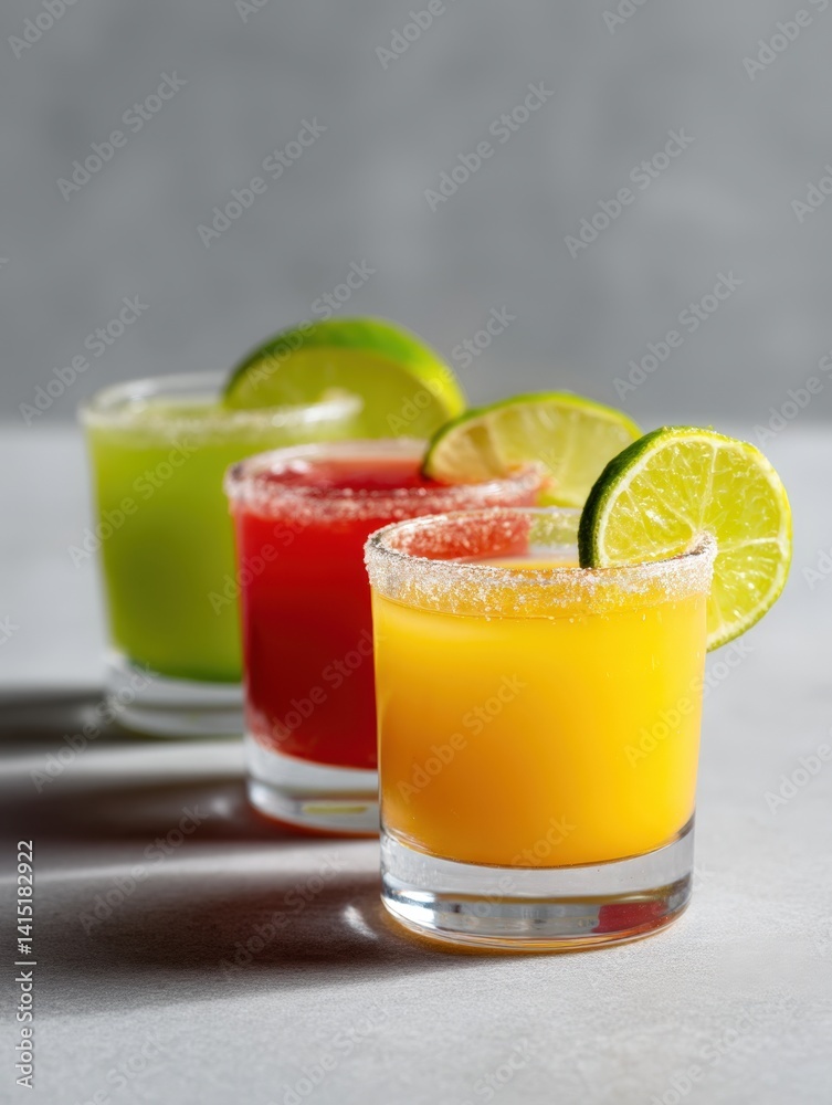 Fototapeta premium Colorful Shots of Tequila with Lime Wedge Garnishes Ready to Enjoy