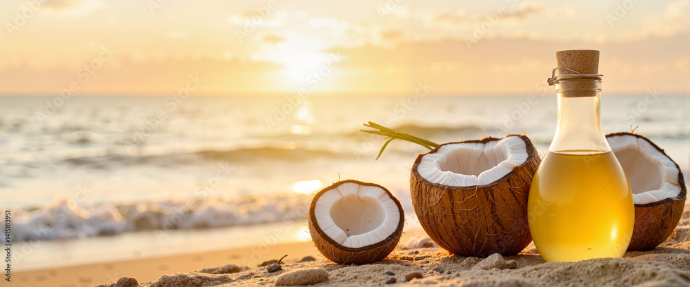 Obraz premium Coconut halves and oil bottle on beach at sunset 