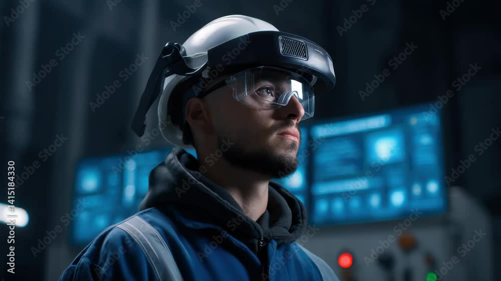 Male Worker with Smart Goggles in Industrial Setup Focusing on High-Tech Equipment in Factory Male Worker with Smart Goggles in Industrial Setup Focusing on High-Tech Equipment in Factory