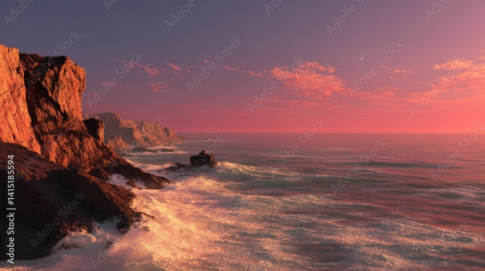 Obraz premium Dramatic coastal sunset over rugged cliffs.