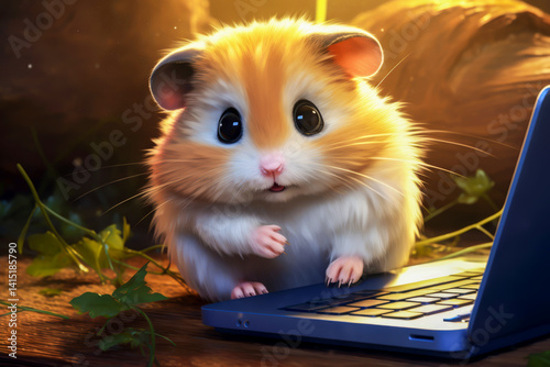 Fluffy hamster sits near laptop in outdoor setting, bathed in warm evening light. Its curious expression and soft fur create adorable and whimsical moment, blending nature with technology