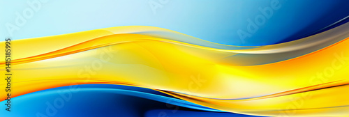 Abstract fluid blue and yellow waves blend in dynamic smooth composition. Glossy textures create vibrant and modern aesthetic, perfect for contemporary backgrounds, digital art and creative designs