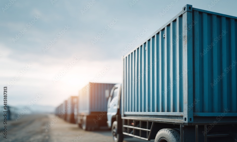 Cargo Trucks Lined Up with Blue Containers Under Dramatic Sky at Sunset