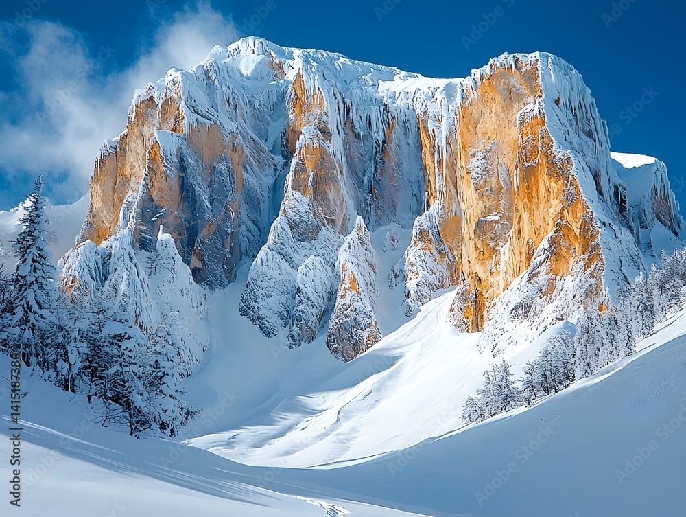 Majestic snow capped mountain peaks against a clear blue sky
