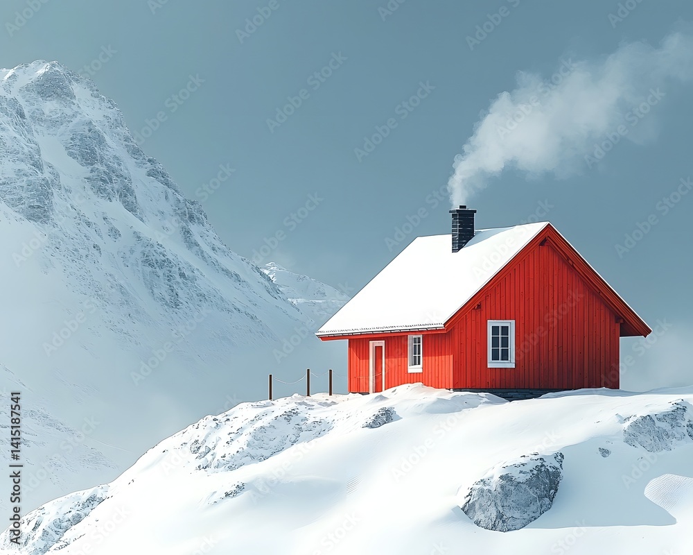 Naklejka premium A lone cabin perched on a snowy ridge with smoke curling from its chimney under a crisp cloudless sky