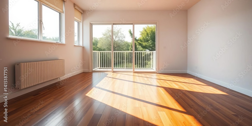 Obraz premium Sunlit empty room, wood floor, sliding glass doors to balcony, floor, background