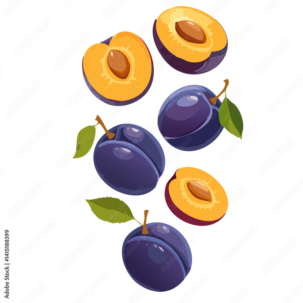set of plums falling vector fruit design