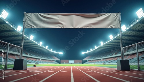 Horizontal banner mockup. Empty overhead banner mockup on race track in illuminated arena under night sky with stadium lights and cheering audience for competition promotion