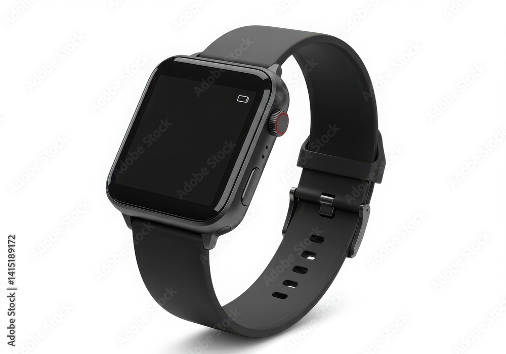 Close up of a black smart watch with a black band  isoleted on white background
