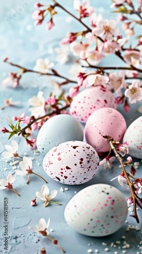 Speckled Easter eggs placed among delicate cherry blossoms on pastel blue textured background. Soft and elegant spring composition. Easter eggs with cherry blossoms on pastel blue background. Vertical