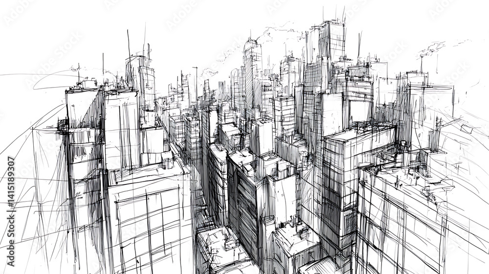 Fototapeta premium Architectural drawing showcasing a cityscape rendered in black and white with loose expressive linework creating a sense of depth and perspective.