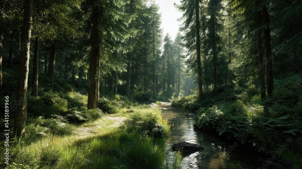 Obraz premium Sunlight streams through a dense, tranquil forest.