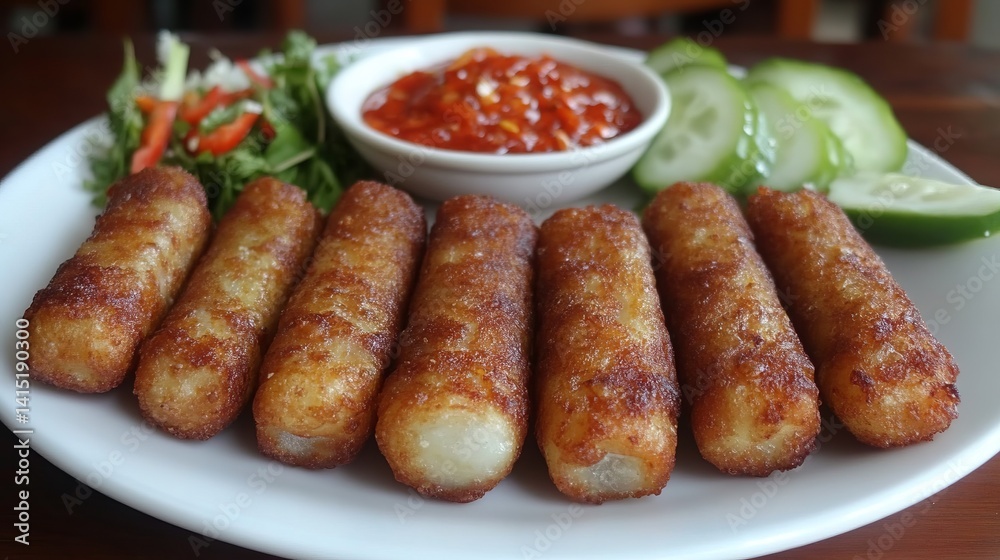a dish of fried végétables spring rolls --chaos 50 --ar 16:9 --raw --stylize 350 --v 6.1 Job ID: 96308192-cd10-4e12-aa45-55ee53e01e82 a dish of fried végétables spring rolls --chaos 50 --ar 16:9 --raw --stylize 350 --v 6.1 Job ID: 96308192-cd10-4e12-aa45-55ee53e01e82