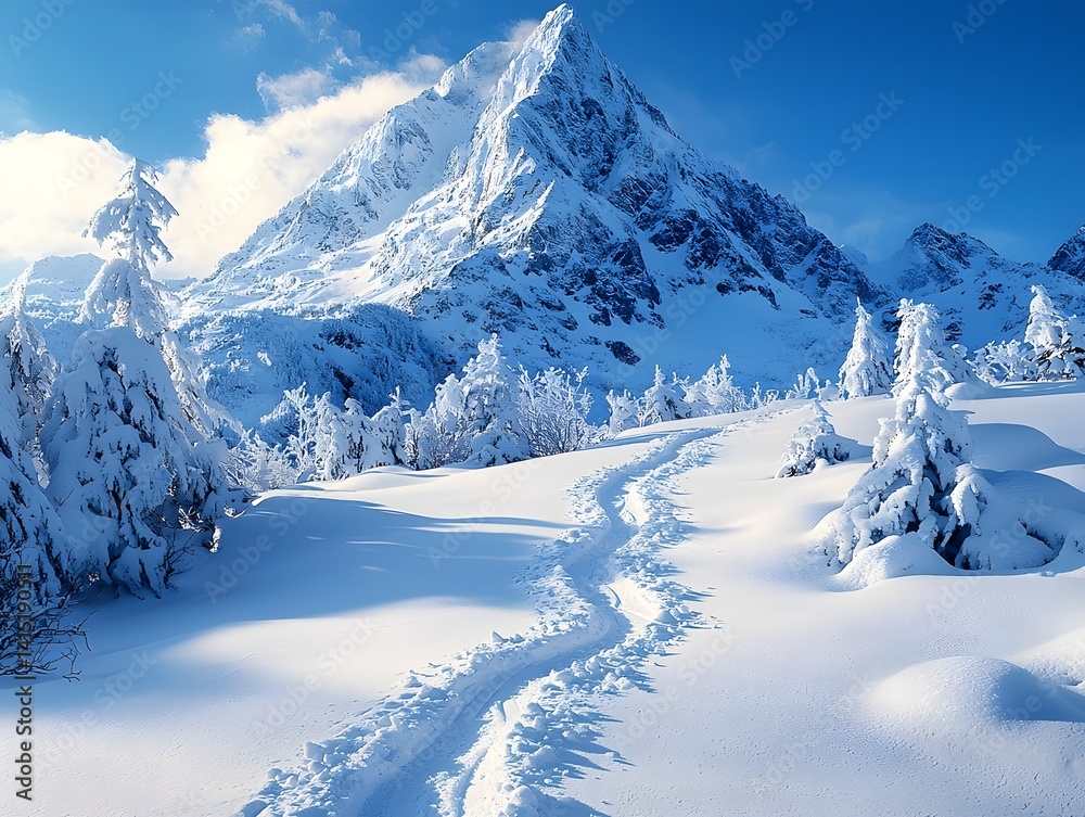 Fototapeta premium Pristine winter landscape with snow capped mountain peak and ski tracks