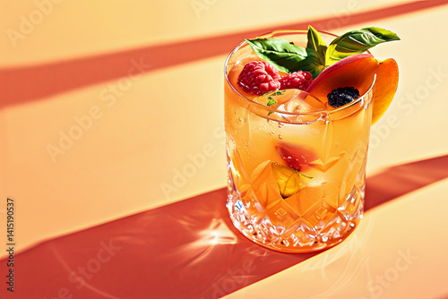 Delicious peach cocktail or mocktail served in glass with fresh fruit and basil garnish. Bright composition highlights vibrant colors of drink and its refreshing quality, perfect for summer moments