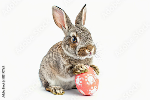 Adorable bunny holding Easter egg, sitting against white background. Fluffy fur and egg design create festive holiday mood. Concept of Easter-themed projects, greeting cards and springtime decorations
