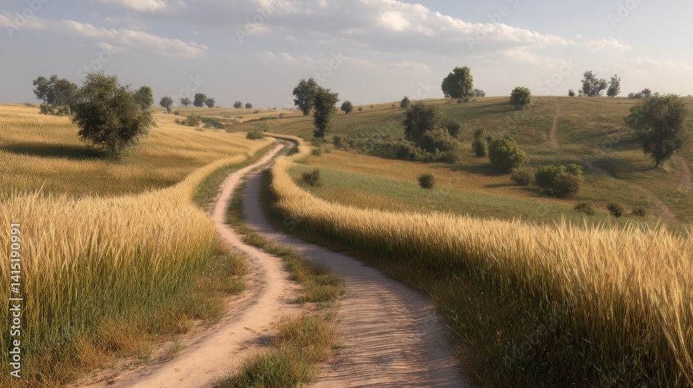 Obraz premium Winding country road through golden fields under a summer sky.