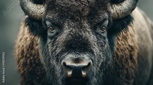 A close-up portrait of a large brown bison with its intense eyes staring directly at the camera