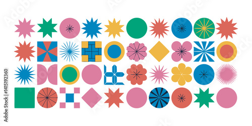 Colorful geometric shapes, retro pattern, pastel colors, bold shapes, abstract design, circular motifs, star bursts, squares, triangles, playful composition, flat design, minimalist style, vector art