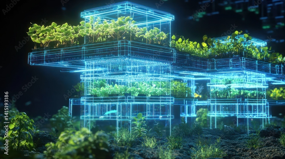 Fototapeta premium Futuristic vertical farm, digital blueprint, night