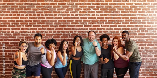 Diverse group of people in fitness attire, smiling and posing against a brick wall. Fitness, diversity, and teamwork are highlighted in this vibrant image. People showig strength and power together.