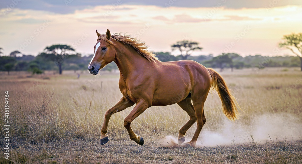 Obraz premium A stunning Mangalarga Marchador stallion gallops with power and grace across the vast Brazilian savanna (Cerrado) as the sun sets, casting a warm glow.