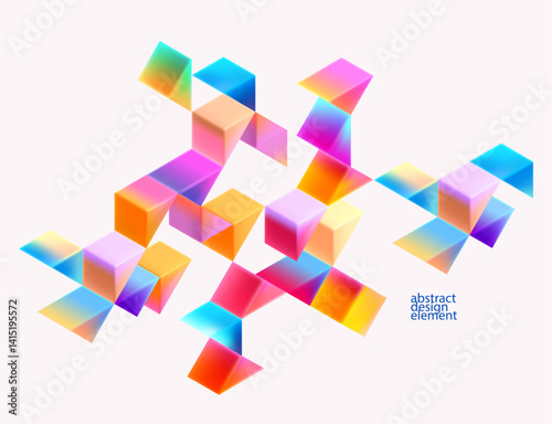 Multicolored 3D triangles. Glass iridescent geometric shape. Abstract vector background