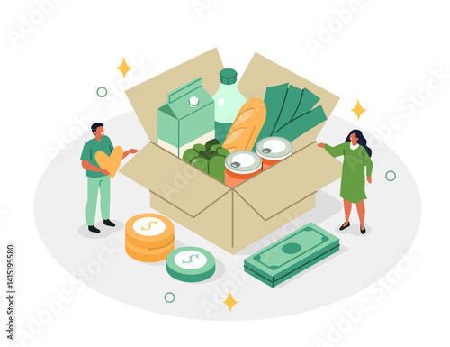 Volunteers collecting grocery products in carton box full with donation food and water. People donating for charity concept. Isometric vector illustration.