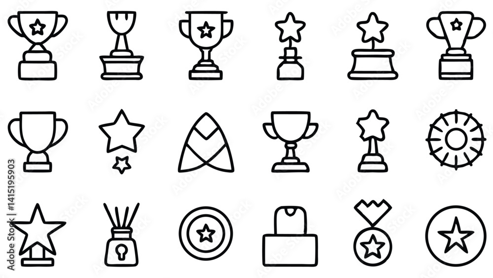 Black and white vector icons set with trophy, medal, cup, and award symbols in a simple silhouette design Black and white vector icons set with trophy, medal, cup, and award symbols in a simple silhouette design